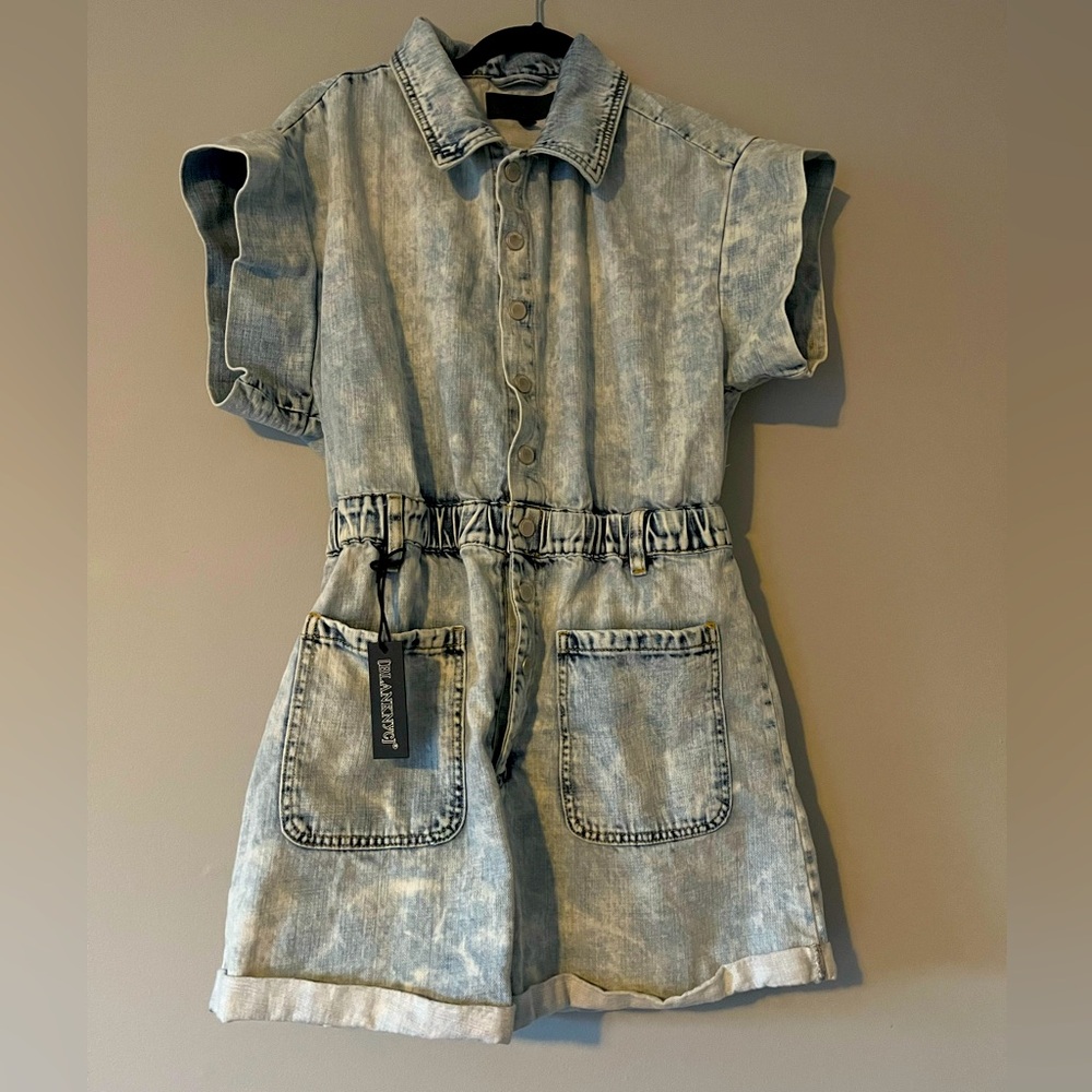BlankNYC Acid Wash Denim Romper with Patch Pockets Size Large 100% Cotton